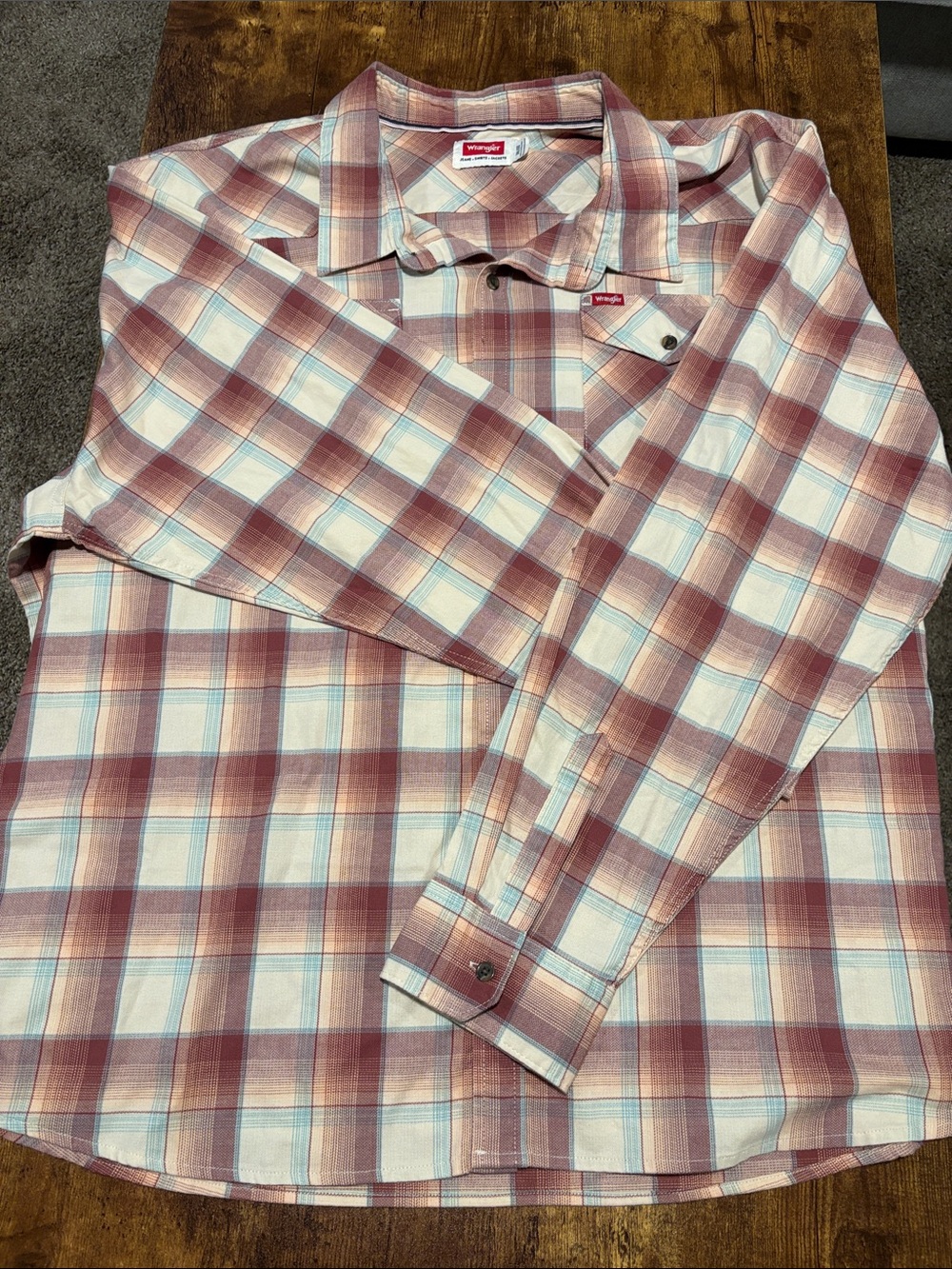 Wrangler Men's Red and Cream Plaid Button-Down Shirt